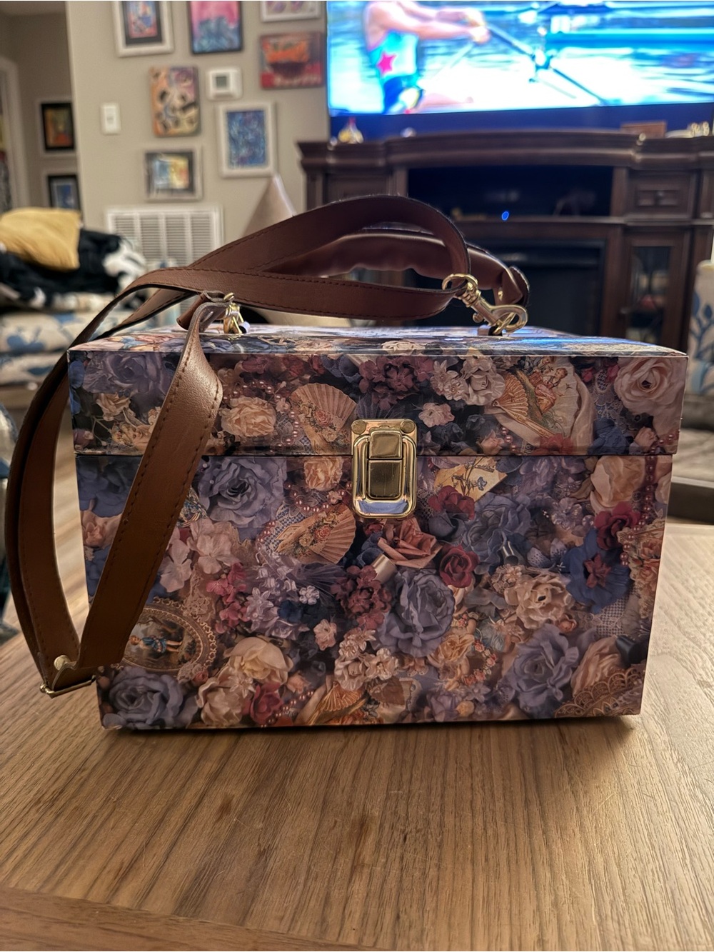 Floral Print Box Crossbody Bag with Brown Strap